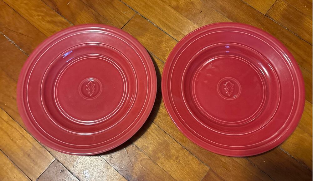 Vintage Dansk Craftmark Poppy red ceramic bowl embossed Oak leaf 10 3/4 Set of 2